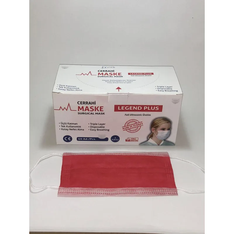 Maske 3 Katli Telli 50 Lik ( Kirmizi Renk )